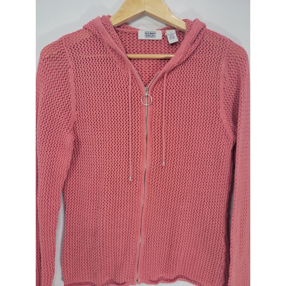 Womens Large Coral Pink Open Knit Full Zip Cotton Hoodie Sweater Old Navy - Picture 2 of 7